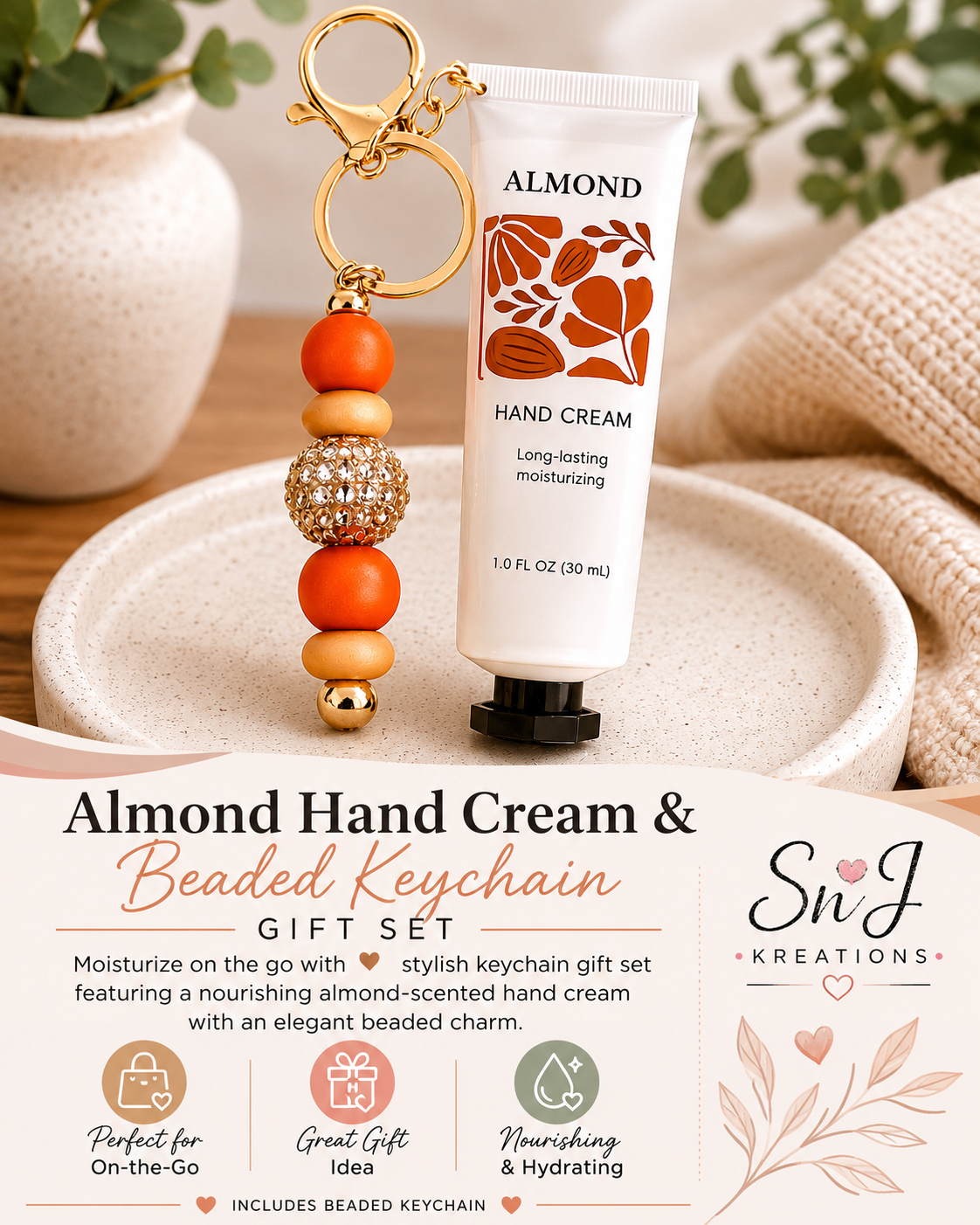 🧴 Almond Hand Cream & Beaded Keychain Gift Set